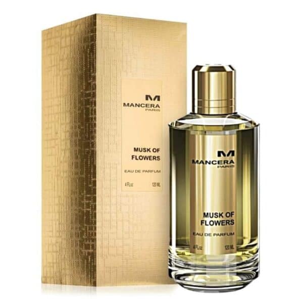 Elegant Mancera Musk of Flowers perfume bottle with gold accents.