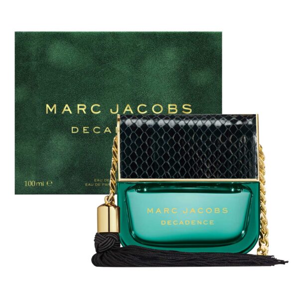 Elegant Marc Jacobs Decadence perfume bottle with black snakeskin cap and gold chain, 100ml.