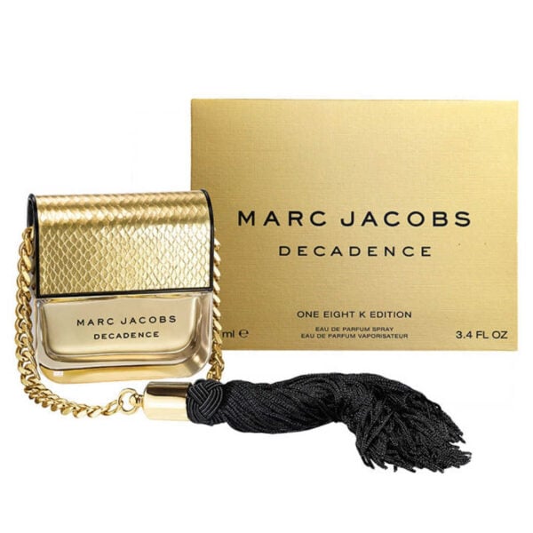 Decadence by Marc Jacobs perfume bottle with gold accents and black tassel.
