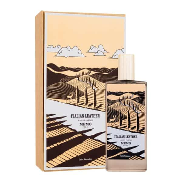 Italian Leather Memo Paris perfume bottle with scenic landscape design.