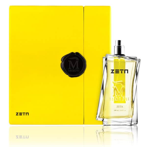 Perfume bottle of Morph Zeta Extrait de Parfum in yellow packaging.