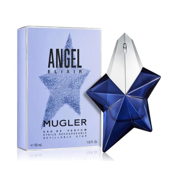 Angel Elixir Mugler 50ml perfume bottle with star-shaped design and packaging.