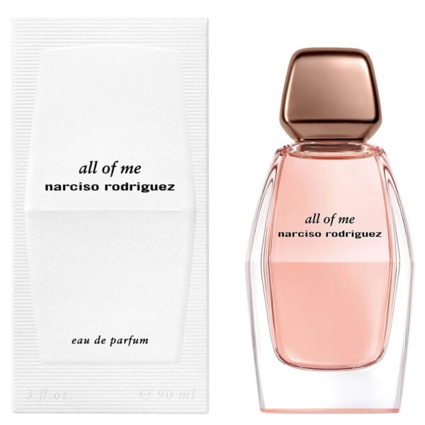 Elegant Narciso Rodriguez All Of Me perfume bottle with soft pink hue and rose gold cap.