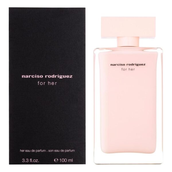 Elegant Narciso Rodriguez For Her perfume bottle and box.