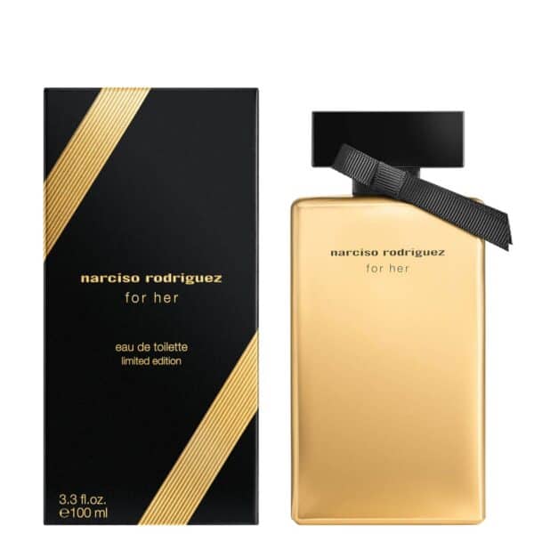 Narciso Rodriguez For Her Limited Edition perfume bottle with black cap and ribbon, elegant and luxu.
