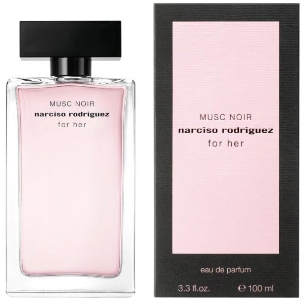 Elegant Narciso Rodriguez Musk Noir perfume bottle with pink and black packaging.