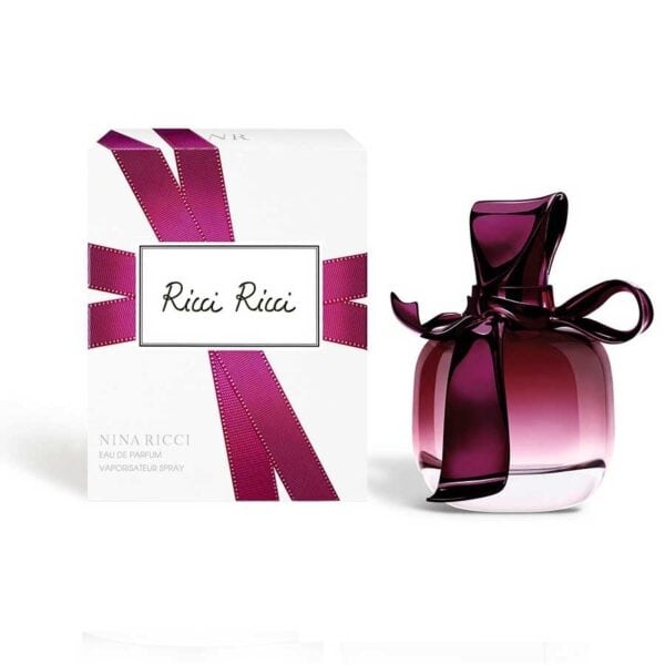 Ricci Ricci EDP perfume by Nina Ricci in a stylish purple glass bottle with a ribbon design.