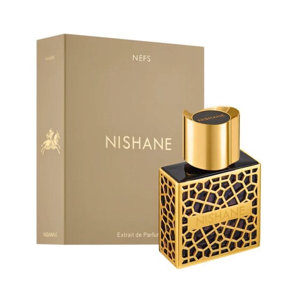Nishane Nefs perfume bottle with gold and black geometric design, luxury fragrance packaging.