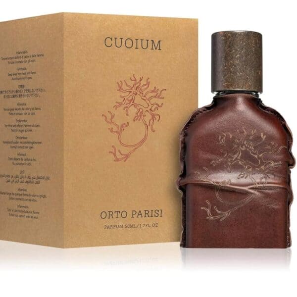 Elegant Cuoium Parfum bottle with earthy tones and minimalist design.