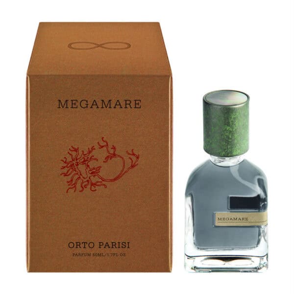 Elegant Megamare perfume bottle with green cap and minimalist design.