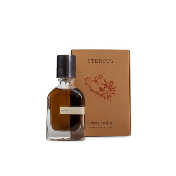 Elegant perfume bottle with brown liquid and minimalist label.