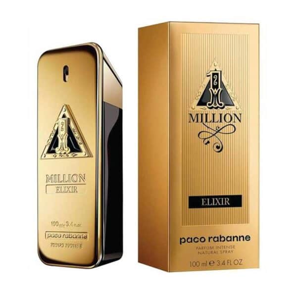 Elixir perfume bottle inspired by Paco Rabanne 1 Million, featuring a luxurious gold design and eleg.