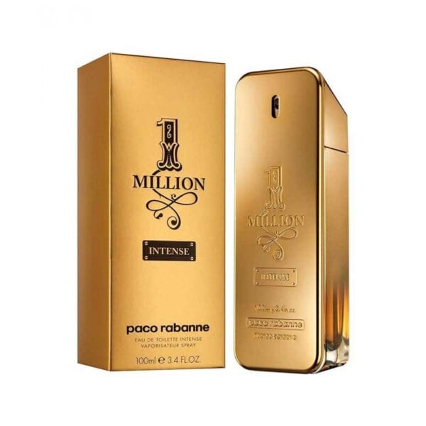 Elegant gold Paco Rabanne 1 Million Intense perfume bottle with matching box.