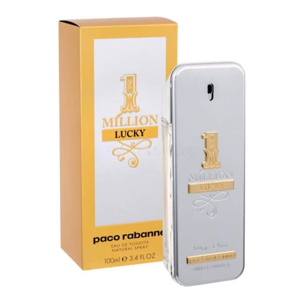 Elegant Paco Rabanne 1 Million Lucky perfume bottle for men, 100ml, with gold accents.