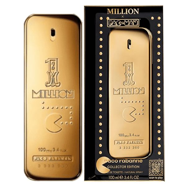 Gold Paco Rabanne 1 Million PAC-MAN fragrance with iconic design.