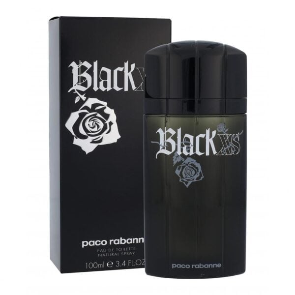 Black XS Paco Rabanne perfume bottle with packaging, featuring a black design and floral logo.