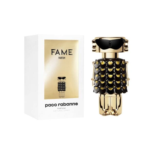 Elegant Paco Rabanne Fame perfume bottle with robot-inspired design, black and gold accents.