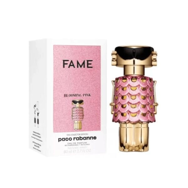 Elegant pink and gold perfume bottle with floral design for women.