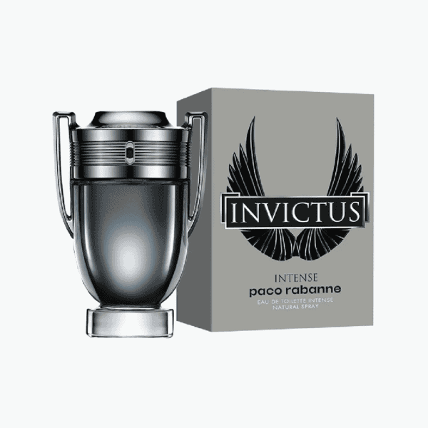 Invictus Intense Paco Rabanne perfume bottle with packaging.
