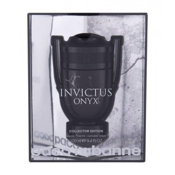Invictus Onyx perfume bottle in packaging.