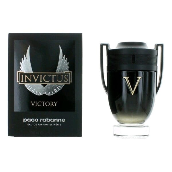 Invictus Victory EDP Extreme 100ml perfume by Paco Rabanne with sleek black design and gold "V" embl.