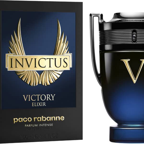 Invictus Victory Elixir perfume bottle with sleek black design and gold accents.