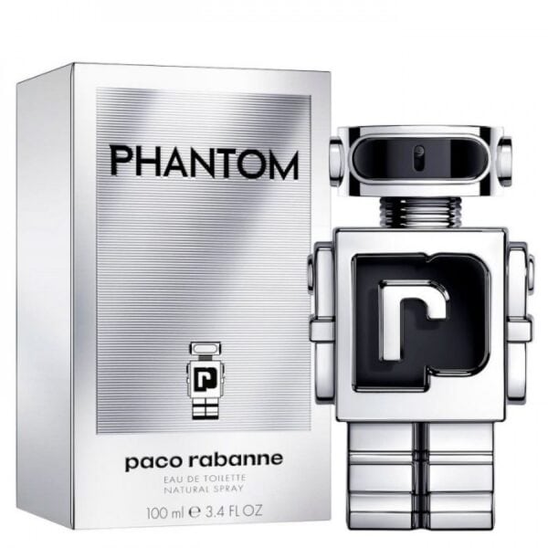 Paco Rabanne Phantom perfume bottle with packaging, showcasing modern robot-inspired design.