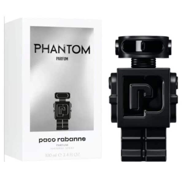 Paco Rabanne Phantom Parfum 100ml bottle with robot design, luxury fragrance for men.