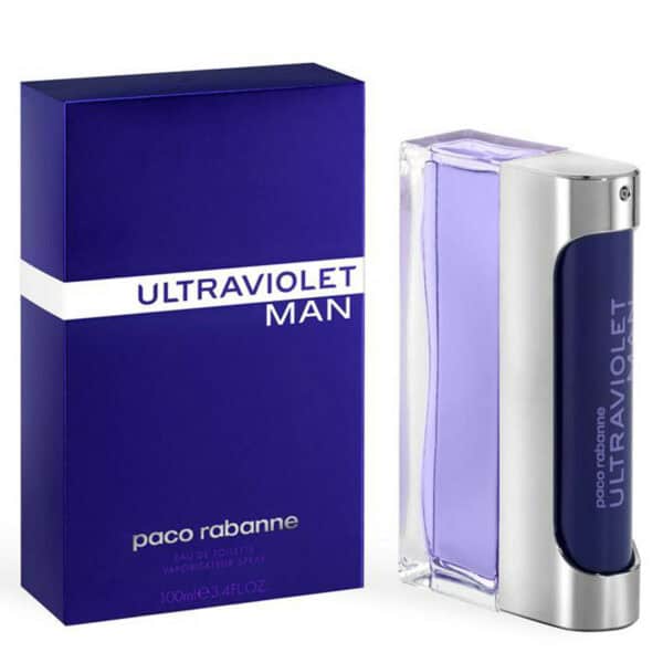 Paco Rabanne Ultraviolet Man perfume bottle and box, 100ml, stylish design.