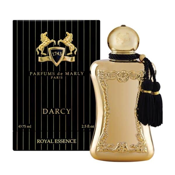 Elegant Darcy EDP perfume bottle with gold accents and black tassel, from Parfums de Marly.
