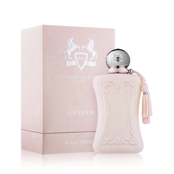 Elegant Delina perfume bottle with pink tassel and packaging.