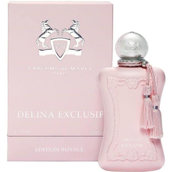 Luxurious Delina Exclusif perfume bottle with elegant pink design and decorative tassels.
