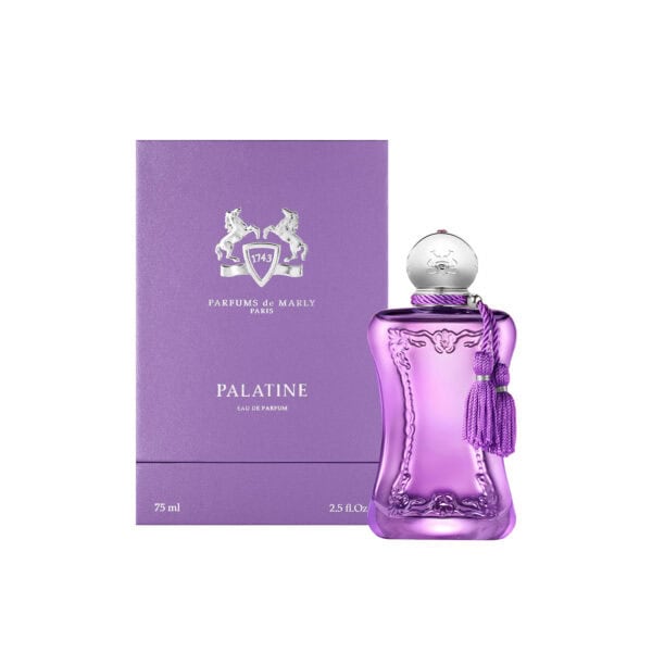 Parfums de Marly Palatine EDP 75ml perfume bottle with purple accents and elegant design.