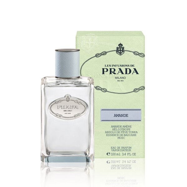 Prada Les Infusions D'Amande perfume bottle with packaging, almond scent, luxury fragrance.