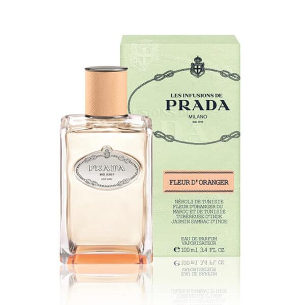 Elegant Prada Fleur d'Oranger perfume bottle with packaging, highlighting citrus and floral notes.