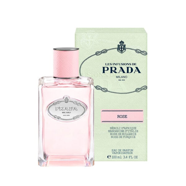 Prada Les Infusions De Rose perfume bottle with packaging, floral fragrance, luxury perfume, 100ml.