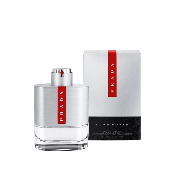 Prada Luna Rossa EDT 100ml men's fragrance with sleek silver bottle and red logo.