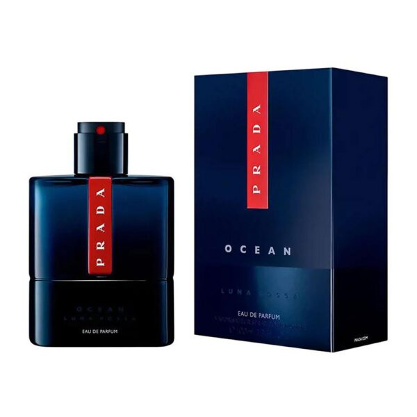 Elegant Prada Luna Rossa Ocean EDP 100ml perfume with sleek navy design and red accents.
