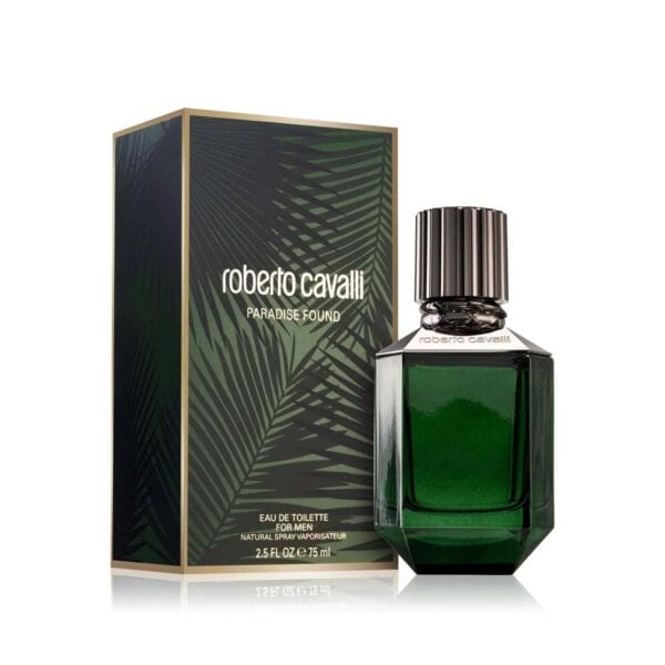 Roberto Cavalli Paradise Found perfume bottle with green liquid and stylish packaging.