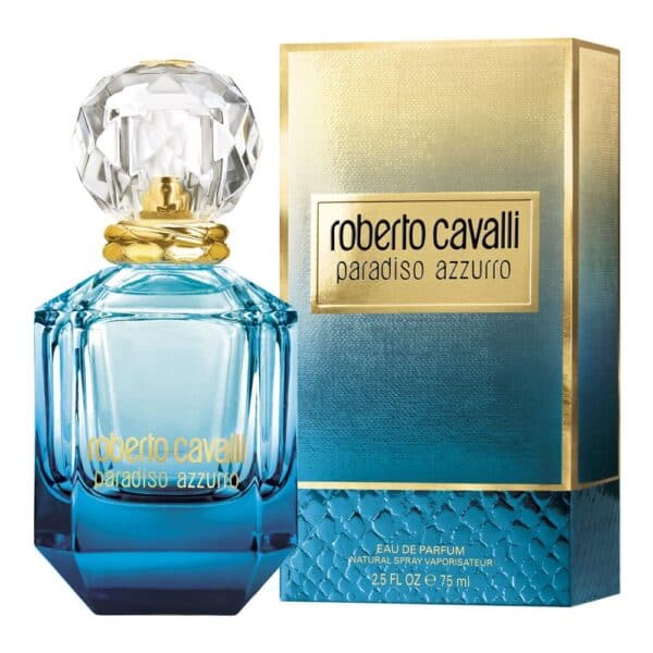 Roberto Cavalli Paradiso Azzurro perfume bottle with packaging, 75ml.