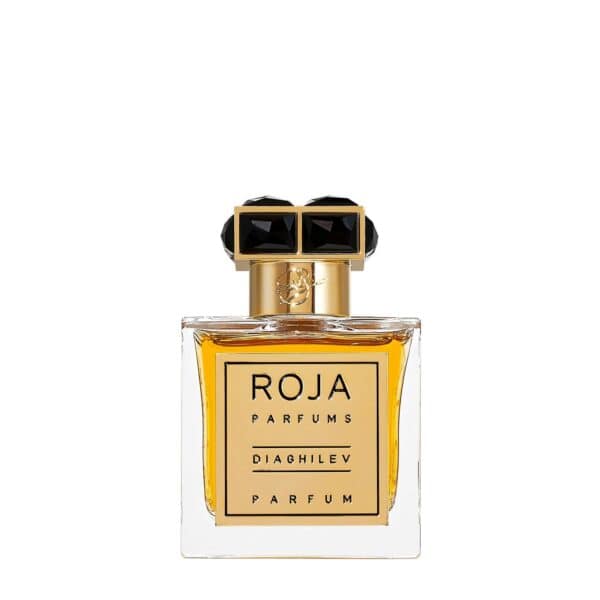 Elegant Roja Diaghilev perfume bottle with gold accents and black cap.