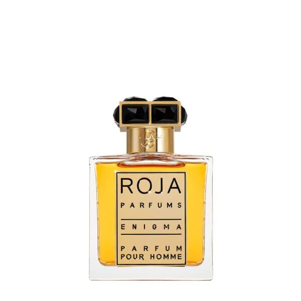 Enigma Pour Homme fragrance bottle with gold accents and black cap.