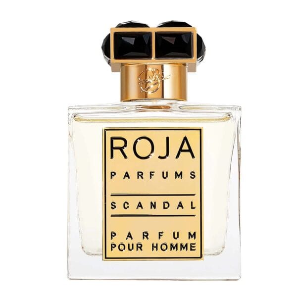 Luxury men's fragrance bottle with gold accents.