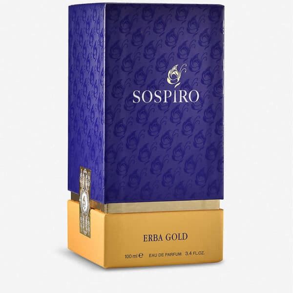 Elegant Sospiro Erba Gold perfume box with gold and purple design.