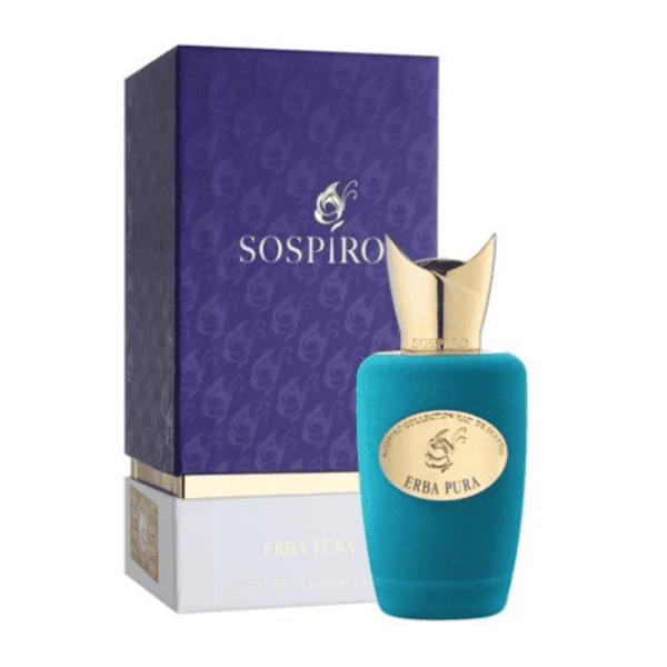 Luxury fragrance bottle with elegant blue and gold design.