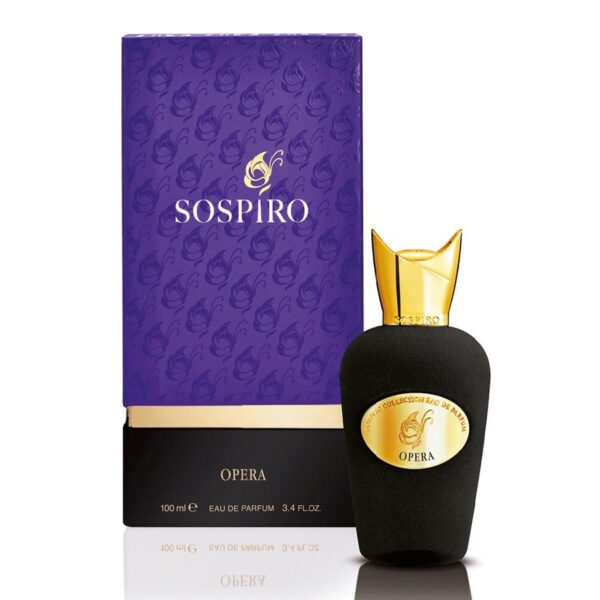 Elegant Sospiro Opera perfume bottle with purple packaging and gold accents.