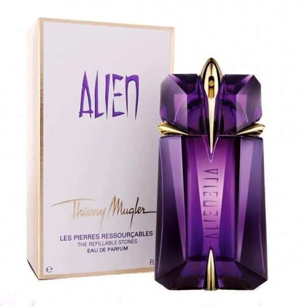 Alien perfume bottle by Thierry Mugler, purple and gold design, luxurious fragrance packaging.
