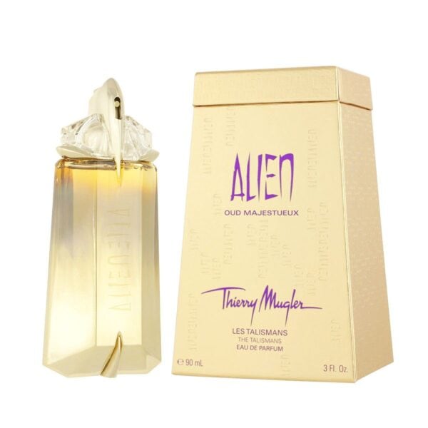 Alien Oud Majestueux perfume bottle with packaging.