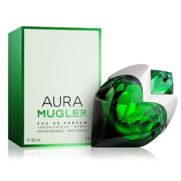 Elegant Thierry Mugler Aura EDP 90ml perfume with green gemstone design.