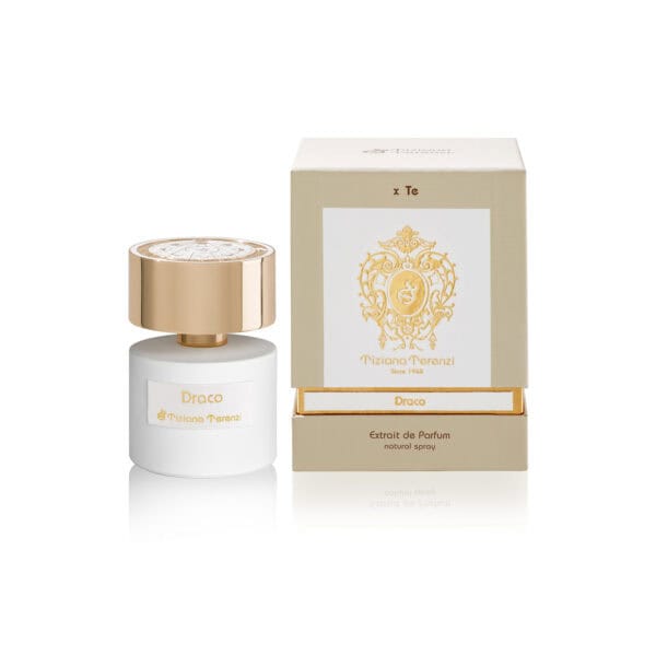 Extrait de Parfum by Tiziana Terenzi Draco in elegant white and gold bottle.